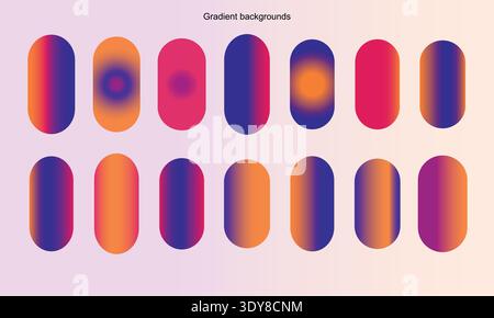 Collection of fourteen colorful rounded capsules featuring smooth gradient transitions in purple, orange, and pink hues. These versatile design Stock Vector