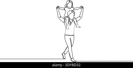 continuous line drawing of mother carrying daughter on shoulders, line art vector illustration Stock Vector