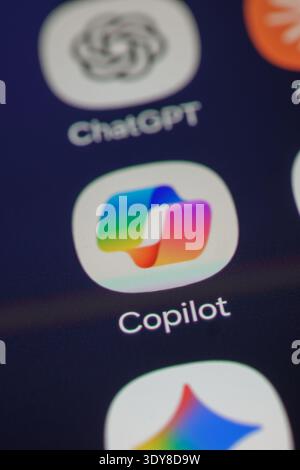 Buenos Aires, Argentina; February 23th 2026: Copilot icon on a mobile phone screen in vertical composition. Stock Photo