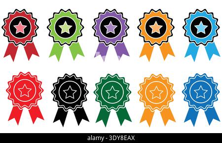 Collection of colorful award ribbons and badges featuring stars in vibrant red green purple orange and blue hues presented in a clean top down Stock Vector