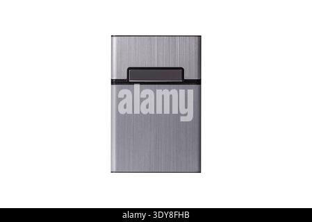 Metal cigarette box, harmful habits, nicotine use and the risk of cancer. Cigarette box as a backdrop for your design. Stock Photo