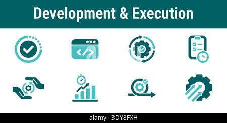 Icons illustrating task execution active development progress tracking coding and workflow activity Stock Vector