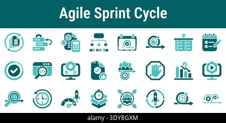 Agile sprint cycle icon set showing planning backlog tasks development testing review release and team collaboration workflow Stock Vector
