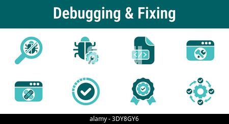 Icon set for debugging and bug fixing process with code, error detection, patch, verification, QA approval and automation symbols Stock Vector