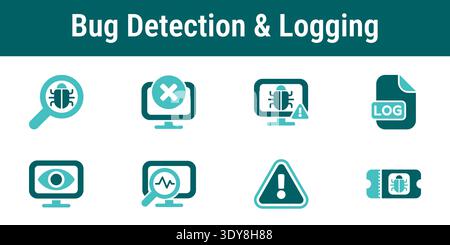 Icons for bug detection and error logging workflow monitoring, alert signals, incident reporting, log file, diagnostics and tracking for software qual Stock Vector