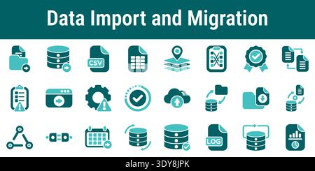 Icon set illustrating data import migration synchronization validation backup database transfer and system integration processes Stock Vector