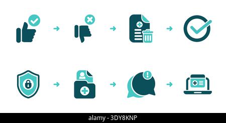 Privacy workflow for consent withdrawal with confirmation, secure data deletion, portal status update, and notification message steps for telehealth u Stock Vector