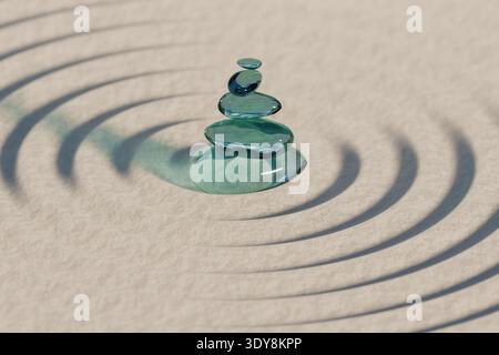 Clear glass stones stacked on sand with concentric ripples, representing peace and balance. 3d rendering Stock Photo