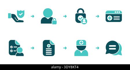 Secure sharing workflow with privacy settings, access control, portal data management, report visibility, doctor review, and messaging steps Stock Vector