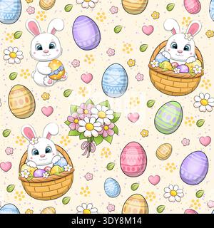 Easter seamless pattern with cute cartoon white rabbit, basket and  eggs. Holiday vector illustration with bunnies on a yellow background. Stock Vector