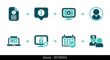 User onboarding workflow with guided tour, tooltips, profile setup, portal access, appointment booking, and consultation start steps Stock Vector