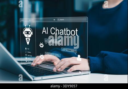 AI chatbot and conversational artificial intelligence concept. User interacting with AI chatbot on laptop with chat messages, automation tools, Stock Photo