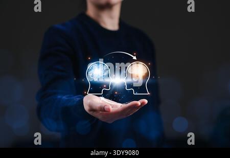 Human and artificial intelligence collaboration concept. Person presenting digital AI brain interface showing knowledge exchange, machine learning Stock Photo