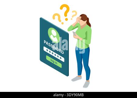 Isometric data access with confused woman standing near password form on mobile screen User forgot account credential, tries to sign in Stock Vector