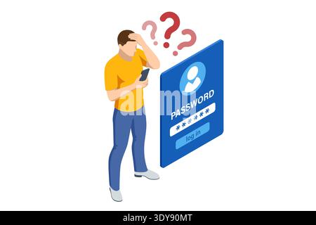 Isometric data access with confused man standing near password form on mobile screen. User forgot account credential, tries to sign in. Authentication Stock Vector