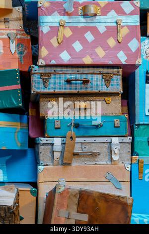 Vintage leather suitcases worn one on top of the other. Travel concept, free time Stock Photo