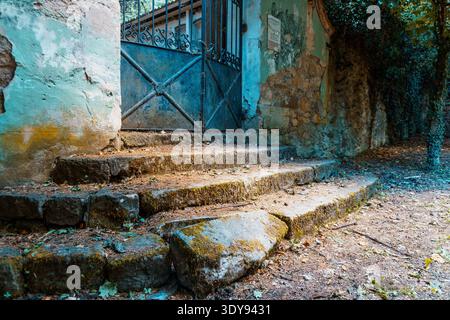 Entrance to an abandoned house with a rusty blue gate. Out of focus stairs in the foreground Stock Photo