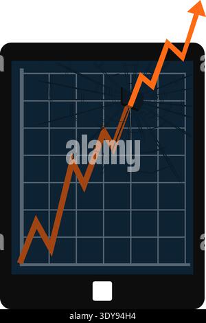 Graph breaking the tablet monitor illustration showing chart line exiting screen frame. Stock Vector
