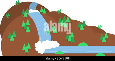 Mountains with trees waterfalls and river illustration showing landscape with terrain and water. Stock Vector