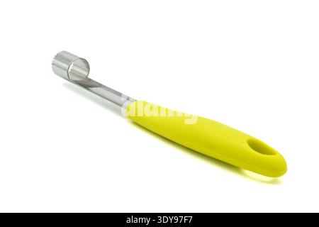 Apple corer, device for removing the core and pips from an apple. It can also be used for similar fruits such as pears or quinces.Isolated on white ba Stock Photo
