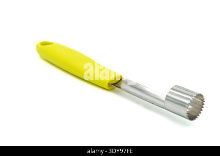 Apple corer, device for removing the core and pips from an apple. It can also be used for similar fruits such as pears or quinces.Isolated on white ba Stock Photo