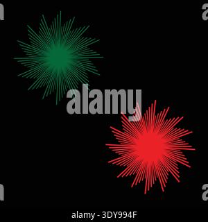This digital art piece features two vibrant starbursts in green and red against a black background. The starbursts are composed of numerous thin lines Stock Vector