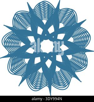 This image showcases a complex blue geometric design featuring symmetrical swirling lines that converge towards the center, creating a visually striki Stock Vector