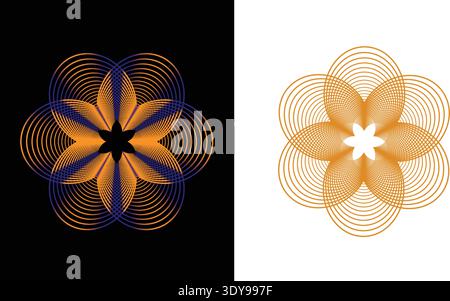The image showcases two intricate geometric patterns with vibrant colors and symmetrical designs. The left pattern features a dark background with bri Stock Vector