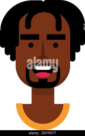 Cartoon black male face showing happiness with wide smile and bright eyes in flat vector style. Stock Vector