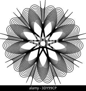 This image showcases a complex geometric pattern in black and white. The design is symmetrical, featuring numerous curved lines that create a sense of Stock Vector