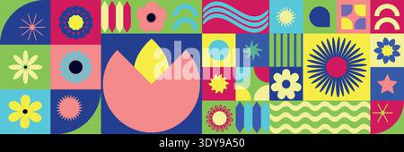 Flower geometric pattern. Flower bauhaus background. Abstract flower design. Aesthetic botanical modern for decoration, wallpaper, banner Stock Vector