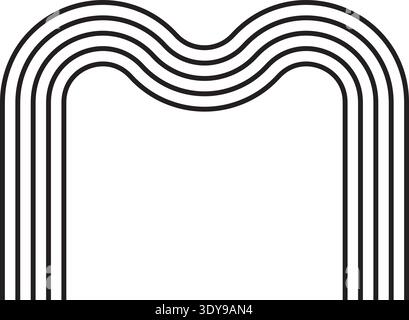 Composition featuring the letter M with a curved corner, outlined by five evenly spaced parallel lines forming a geometric contour. Stock Vector