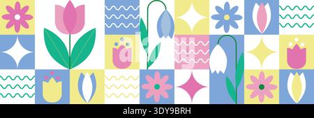 Flower geometric pattern. Flower bauhaus background. Abstract flower design. Aesthetic botanical modern for decoration, wallpaper, banner Stock Vector