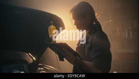 Professional Female Technician Resetting Car Computer and Entering Maintenance Data With Digital Tablet in Modern Workshop. Concept of Efficiency of Digital Tools in Contemporary Automotive Care. Stock Photo