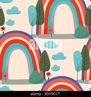 Trendy seamless pattern with colorful rainbow on color background. Design for invitation, poster, card, fabric, textile, fabric. Cute holiday Stock Vector