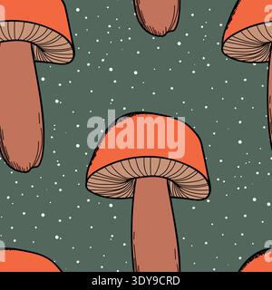 Seamless pattern with mushrooms. Hand drawn vector illustration. Vegan food menu. Poisonous and edible mushroom. Autumn mushroom picking, forest plant Stock Vector