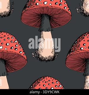 Seamless pattern with mushrooms. Hand drawn vector illustration. Vegan food menu. Poisonous and edible mushroom. Autumn mushroom picking, forest plant Stock Vector