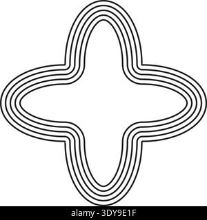 Four-point star with smooth curves at each point outlined by five concentric parallel lines. Stock Vector