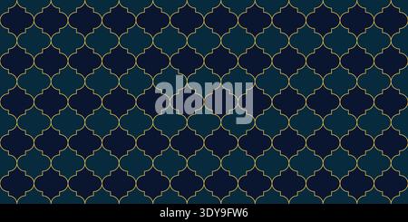 Dark Blue and Gold Luxury Quatrefoil Mosaic Tile Seamless Vector Pattern, Elegant Geometric Trellis Background Stock Vector