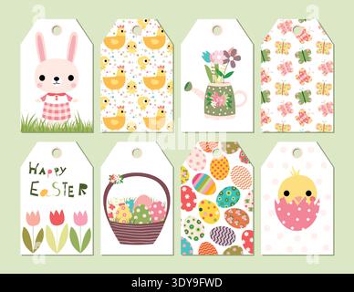 Vector set of Happy Easter and spring cute gift tags or cards with drawings of bunny, chickens and other design elements Stock Vector