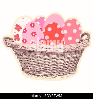 Halftone Easter basket with painted eggs, vector collage scrapbook graphic design element for Easter egg hunt designs Stock Vector