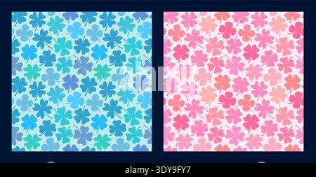 Blue and pink four leaf clover vector seamless patterns, Simple background for baby shower invitations and Saint Patrick's Day designs Stock Vector