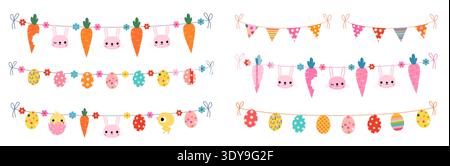 Easter buntings vector set with cute bunnies, eggs, chickens, flowers, spring flags for kids and baby graphic designs Stock Vector