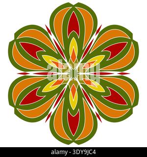 Round flower with six petals. Mandala in autumn colors. Floral oriental pattern in bright colors Stock Vector