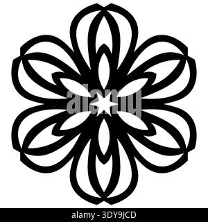 Vector stencil with abstract symmetric flower. Round ethnic ornament. Black simple flower on white background. Monochrome simple plant mandala. Floral Stock Vector