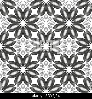 Monochrome floral seamless pattern. Black gray flowers on white background. Floral geometrical background. Plant modern ornament in shades of gray Stock Vector