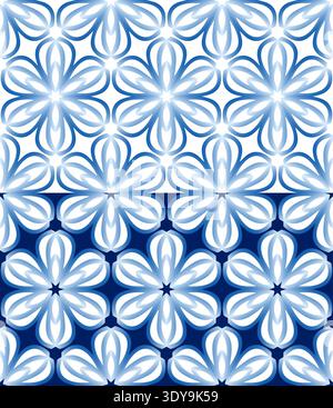 Blue winter seamless pattern. Hexagonal repeating snowflakes in shades of blue. Floral background Stock Vector