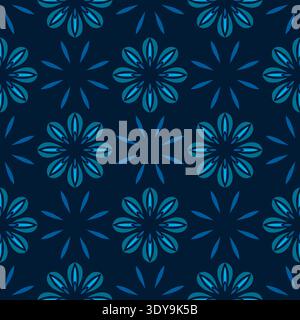Blue flowers on dark blue background. Floral dark seamless background. Ornament in shades of blue Stock Vector