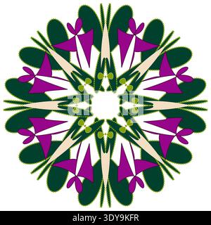 Crazy round element of curved geometry shapes. Vibrant round symmetry flower. Green purple mandala Stock Vector
