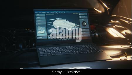 Laptop Screen, Positioned Inside Engine Bay, Displays Sophisticated 3D Wireframe Model of Car, Allowing For Detailed Inspection of Internal Components Like Engine, Chassis, and Battery Systems. Stock Photo
